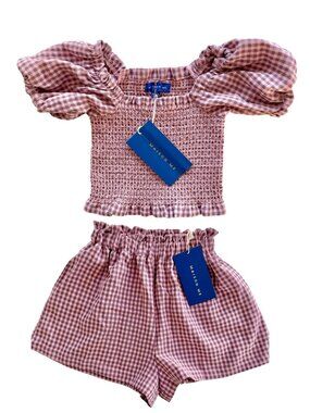 NWT Maison Me Girls 2pc Set Smocked Top & Gingham Shorts Sz 3Y